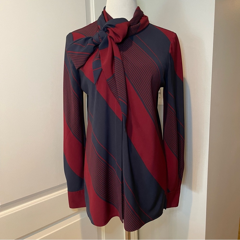Tory Burch Navy & Burgundy Blouse with Tie